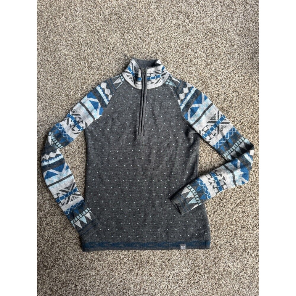 Title Nine 100% Merino Wool Quarter Zip Sweater XS Gray Fair Isle Ski Pullover